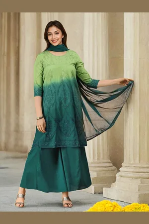 Ishin Women Ombre Dyed Regular Thread Work Pure Cotton Kurta with Palazzos & With Dupatta