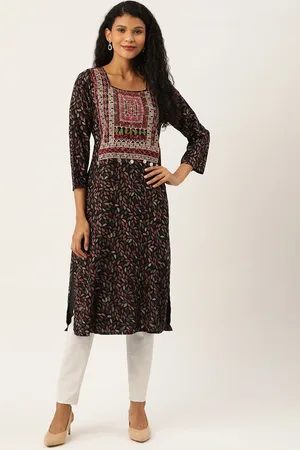 Antheaa Women Black & Pink Embroidered Yoke & Printed Design Straight Kurta