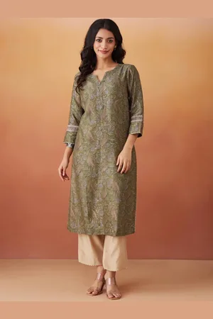 Fabindia Women Ethnic Motifs Printed Cotton Silk Straight Kurta