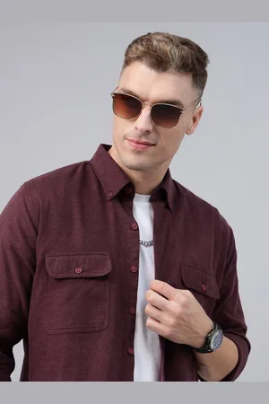 HANCOCK Men Button-Down Collar Solid Cotton Flannel Slim Fit Casual Shacket