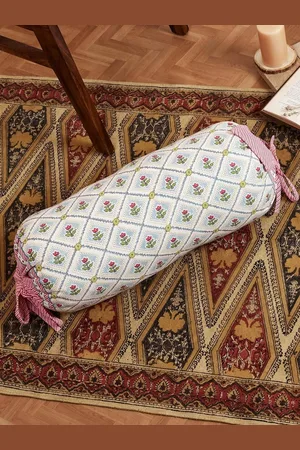 Fabindia Blue & Pink Floral Printed Cotton Bolster Cover