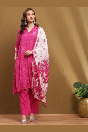 Biba Ethnic Motifs Printed Thread Work A-Line Kurta With Palazzos & Dupatta