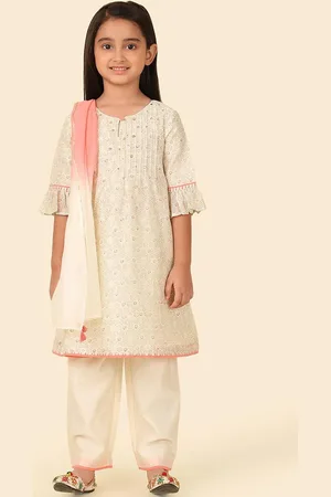 Fabindia Girls Floral Printed Keyhole Neck Cotton Silk A-Line Kurta with Salwar & Dupatta