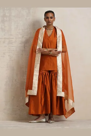 trueBrowns V-Neck Straight Kurti with Sharara & With Dupatta