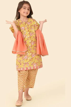 Fabindia Girls Ethnic Motifs Printed Pure Cotton Straight Kurta With Trousers & Dupatta