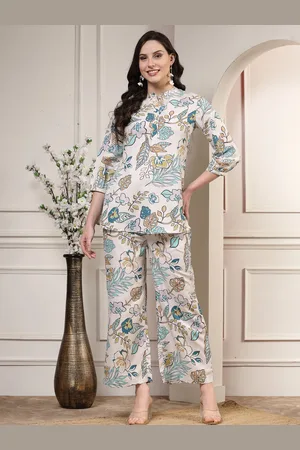 HERE&NOW Floral Printed Mandarin Collar Tunic With Trouser
