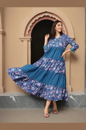 Ishin Women Floral Print Layered Puff Sleeve Fit & Flare Dress