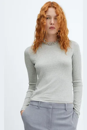 MANGO Women Ribbed Mandarin Collar T-shirt