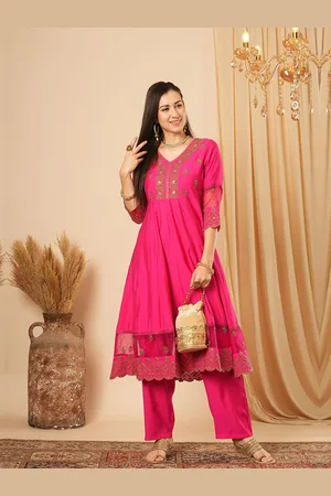 Globus Women Floral Embroidered Panelled Sequinned Kurta with Trousers