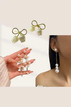 ISHKAARA Set Of 3 Gold Plated Flower Tassel Earrings Hanging Earrings & Tulip Earrings