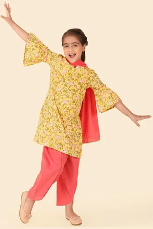 Fabindia Girls Floral Printed Pure Cotton Straight Kurta With Salwar & Dupatta