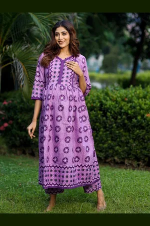 Aujjessa Ethnic Motifs Printed Regular Pure Cotton Maternity Anarkali Kurta with Trousers