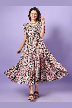 Ethnic Yard Floral Printed Crepe A-Line Maxi Dress