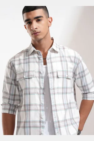 Highlander Men Off Mini Waffle Dobby Textured Checked Utility Pocket Relaxed Shirt