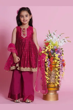 Little Bansi Girls Ethnic Motifs Embroidered Chanderi Cotton Kurta with Palazzo & Dupatta