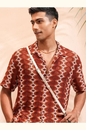 Highlander Men Crochet Cuban Collar Relaxed Shirt