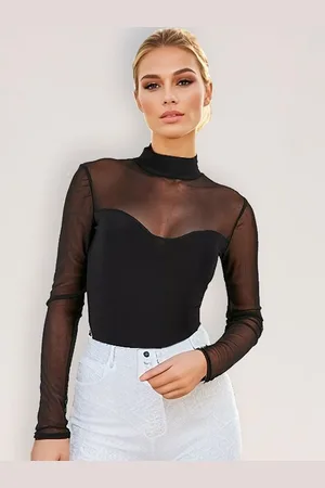 LULU & SKY Women Sheer Sleeved High Neck Bodysuit Party Top