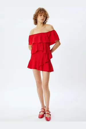 Koton Women Off-Shoulder Flared Sleeve Ruffled Mini Dress