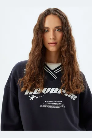 Koton Women Typography Printed Round Neck Pullover Ribbed Sweatshirt