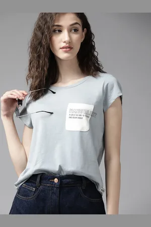 Roadster The Lifestyle Co. Women Blue & White Solid Pure Cotton T-shirt