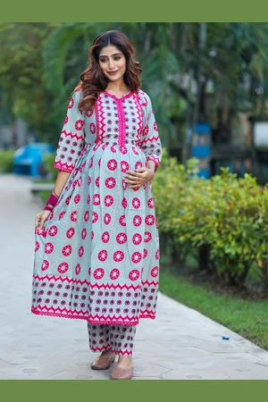 Aujjessa Ethnic Motifs Printed Regular Pure Cotton Anarkali Maternity Kurta with Trousers