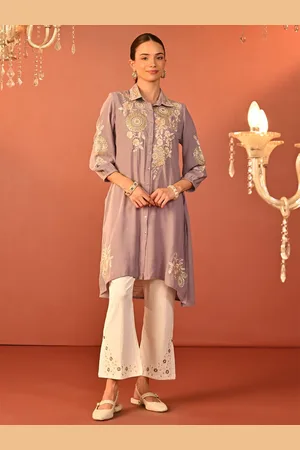 Lakshita Women Linen Shirt Collar Embroidered Tunic