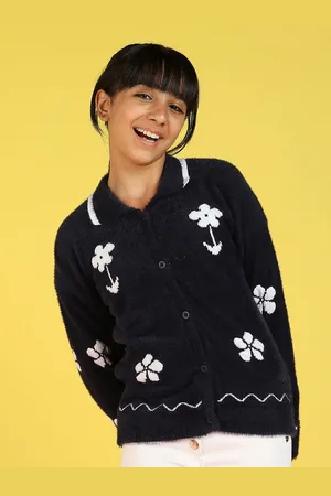 Nauti Nati Girls Floral Self Design Acrylic Cardigan Sweater