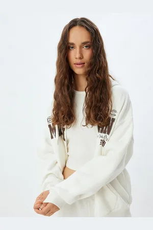 Koton Women Typography Printed Hood Front-Open Ribbed Sweatshirt