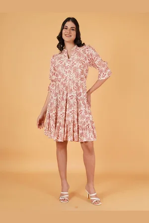 Mast & Harbour Tropical Printed Mandarin Collar Puff Sleeve Fit & Flare Tiered Dress