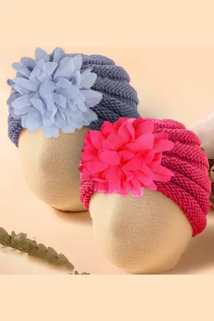 Baby Moo Unisex Kids Set of 2 Woollen Beanie With Floral Embellished