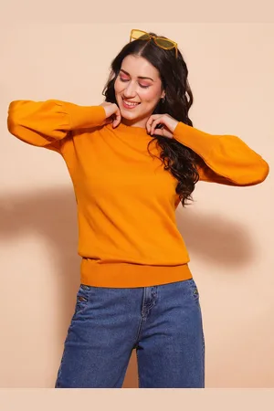 Globus Women Cotton Bishop Sleeves Ribbed Hem Flat Knitted Pullover Sweater
