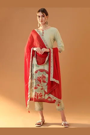Tulsattva Floral Printed Round Neck Regular Pure Cotton Kurta With Trouser With Dupatta