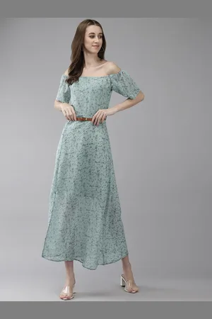 BAESD Women Floral Printed Off-Shoulder Puff Sleeves Maxi Dress Comes With A Belt