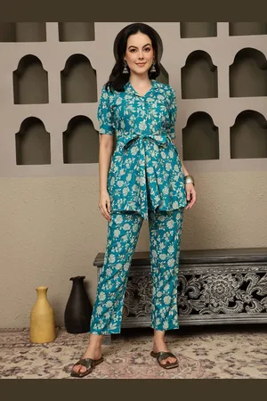 Sangria Women Printed Pure Cotton Top With Trousers Co-Ords