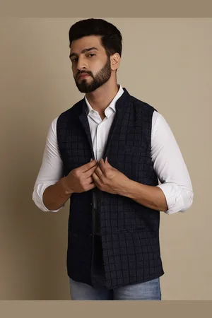 Even Mandarin Collar Check Woven Design Pure Cotton Nehru Jacket