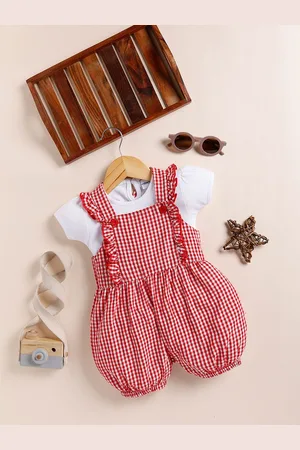 Moms Love Infant Girls Checked Straight Fit Cotton Dungarees With Top
