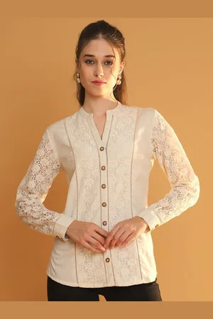 Tulsattva Women Classic Mandarin Collar Textured Cotton Casual Shirt