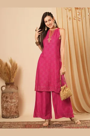 Globus Printed Keyhole Neck Thread Work Straight Kurta With Trousers