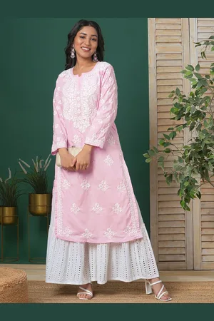 ADAM Co. Floral Embroidered Notch Neck Chikankari Cotton Straight Kurta