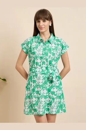 Mast & Harbour Women Shirt Collar Roll-Up Sleeves Geometric Print A-Line Mini Dress