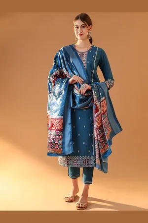Tulsattva Geometric Embroidered Regular Chanderi Cotton Kurta With Trouser With Dupatta