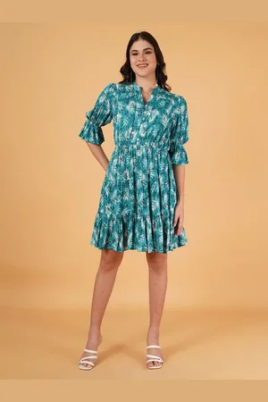 Mast & Harbour Women Tropical Printed Puff Sleeve Crepe Fit & Flare Midi Dress