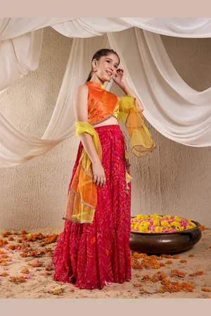 pspeaches Girls Bandhani Printed Ready to Wear Lehenga Choli With Dupatta