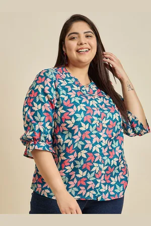 Sztori Women Tropical Printed Round Neck Plus Size Top