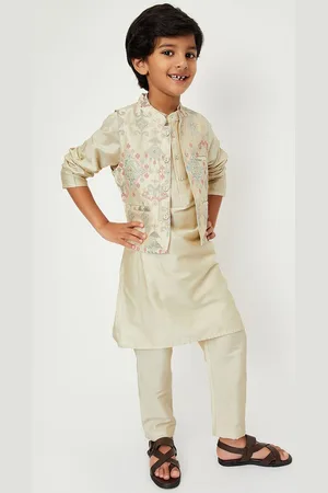 Max Collection Boys Embroidered Thread Work Band Collar Straight Kurta With Pyjamas & Waistcoat