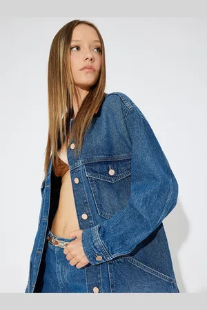 Koton Women Spread Collar Washed Self Design Cotton Casual Denim Jacket