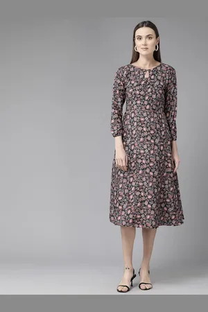 BAESD Women Floral Printed Puff Sleeve A-Line Midi Dress