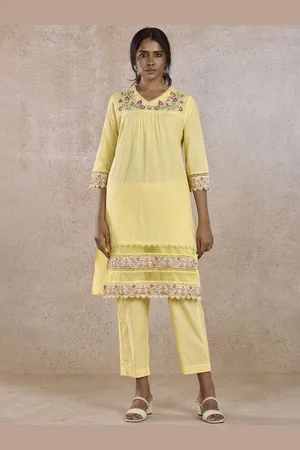 IMARA Floral Yoke Design V-Neck Cotton Straight Kurta