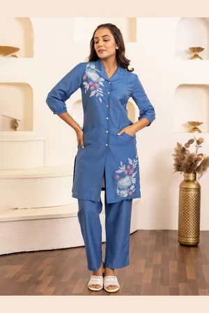 AUTUMN LANE Embroidered Notched Lapel Collar Pure Cotton Top With Trousers Co-Ords