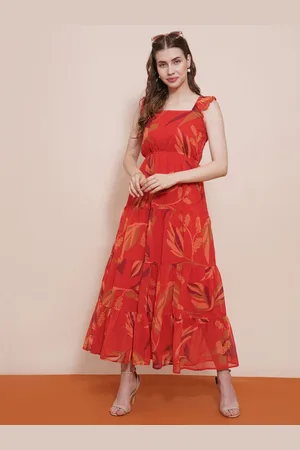 Globus Women Square Neck Flutter Sleeves Tropical Printed Tiered Fit & Flare Maxi Dress